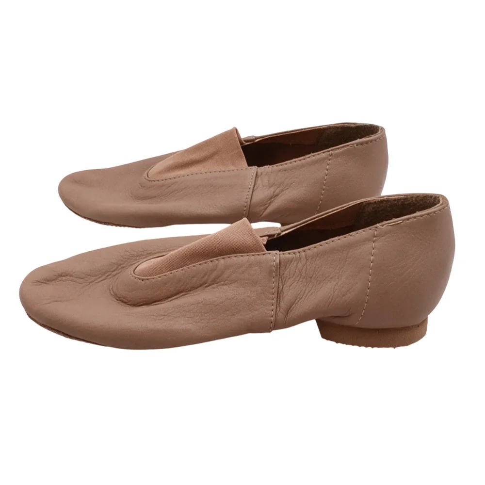 Dancing Women’s Leather Slip-On Jazz Shoes Beige Elastic Instep Panel Size 4.5